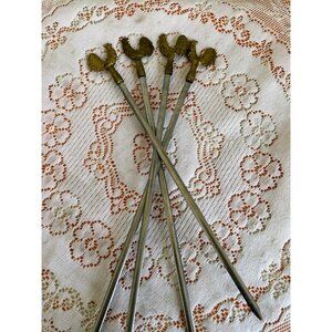 Vintage 1970s 4 PC. Brass Stainless Steel Kebob Skewers Chicken Rooster Tops